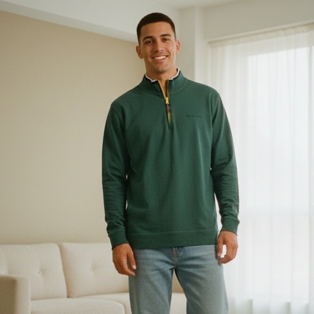 Ben Sherman Men's Green Quarter‎ Zip Long Sleeve Pullover Sweatshirt